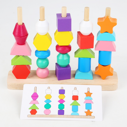 Wooden Montessori colors and shapes thread toy