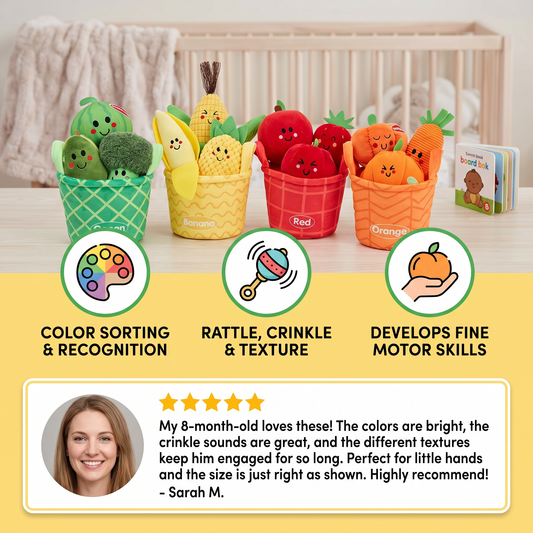Soft Fruit & Vegetable Learning Toy for Babies – 4-Pack Color Sorting Set with Rattle and Crinkle Effect