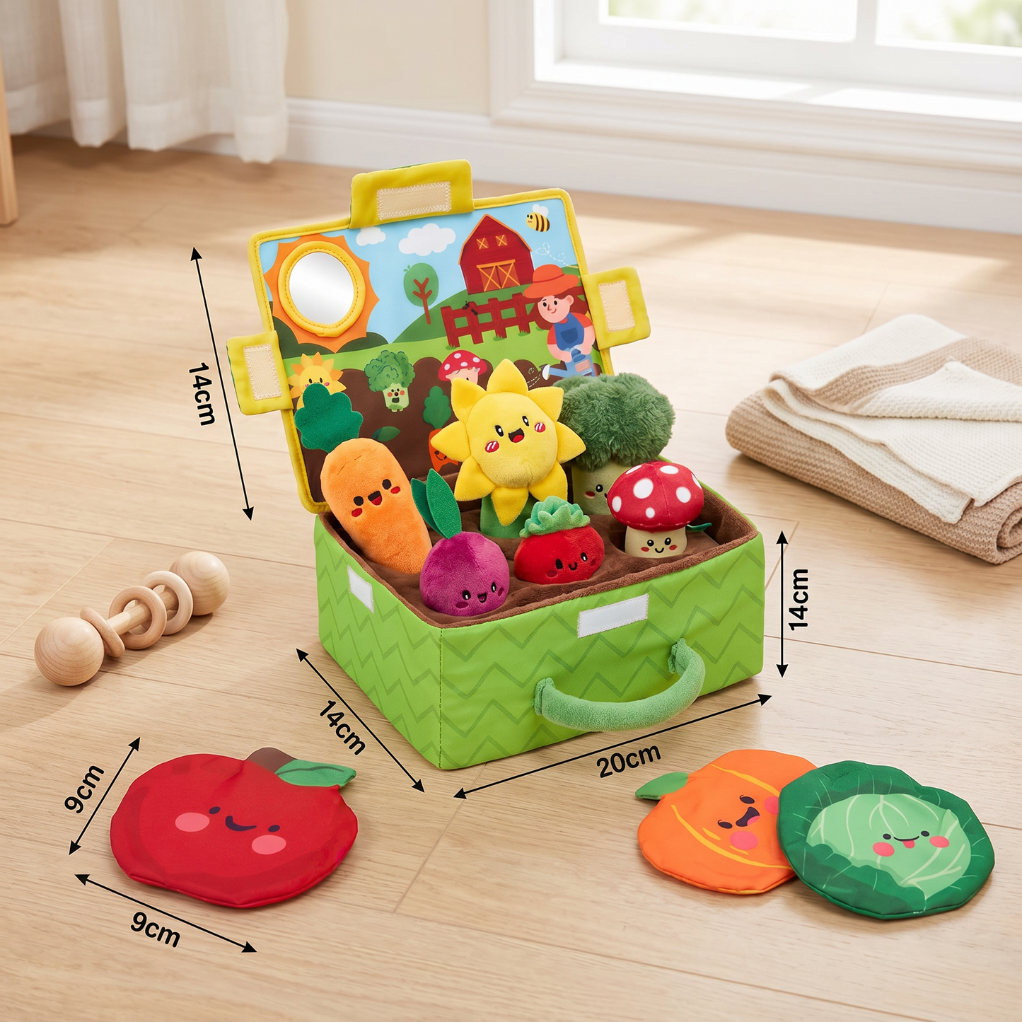 Montessori Garden Sensory Toy for Babies – Plush Fruit & Vegetable Set with Rattle, Mirror & Squeaker