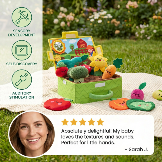 Montessori Garden Sensory Toy for Babies – Plush Fruit & Vegetable Set with Rattle, Mirror & Squeaker