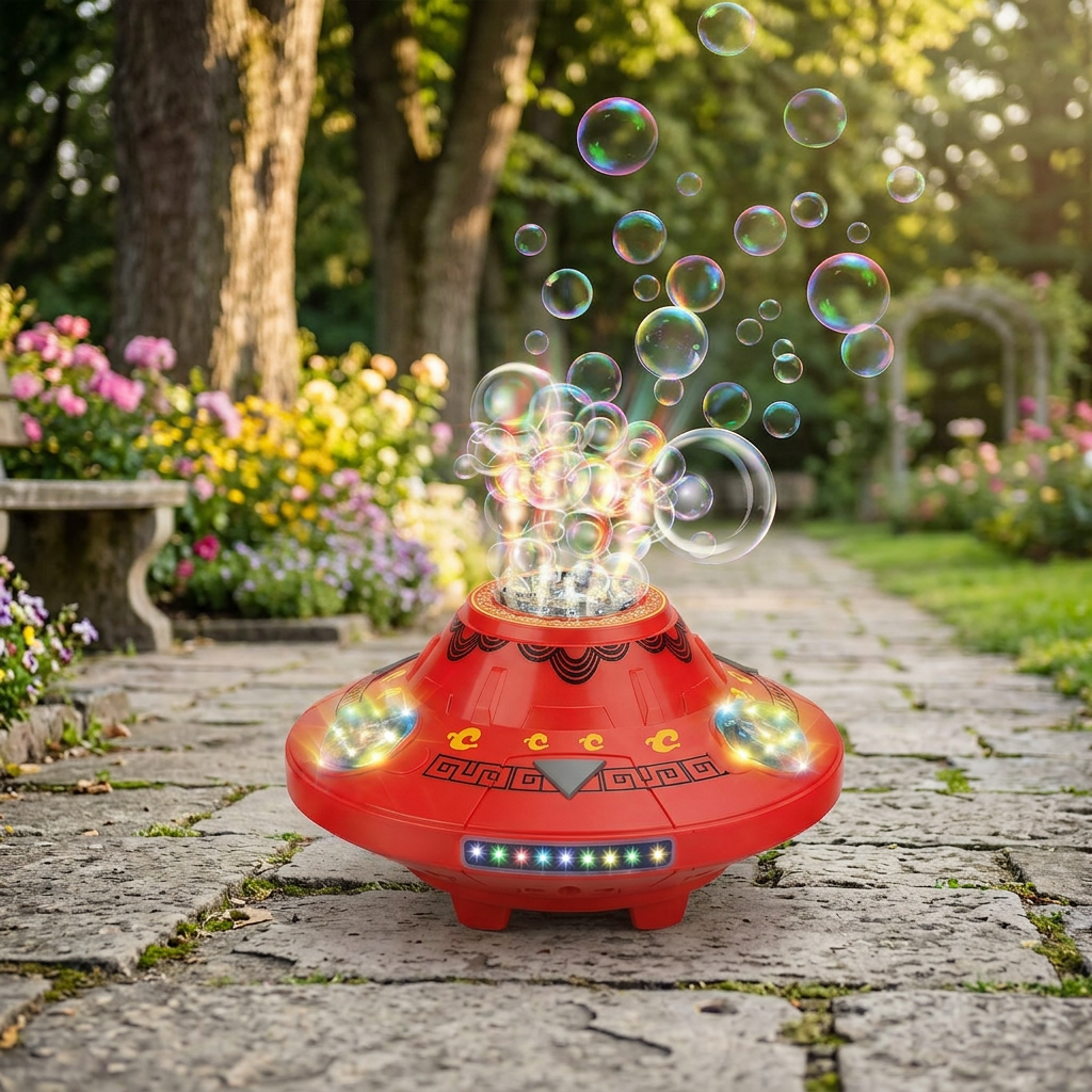 Light-Up UFO Bubble Machine for Kids – Rechargeable Spinning Bubble Blaster with LED Effects