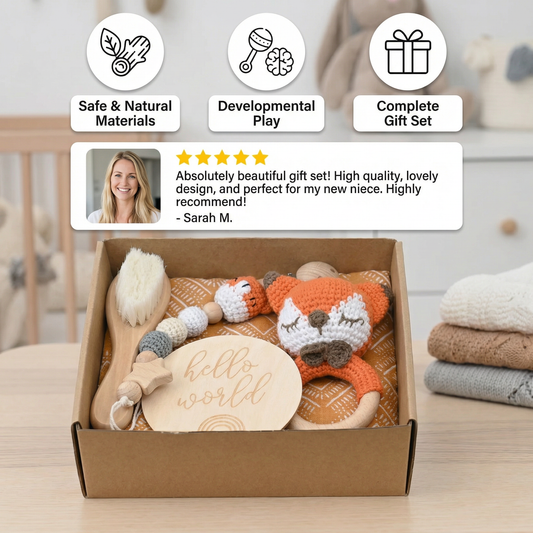 Newborn Gift Box – Crochet Animal Rattle, Wooden Toy, Muslin Blanket & Pacifier Clip