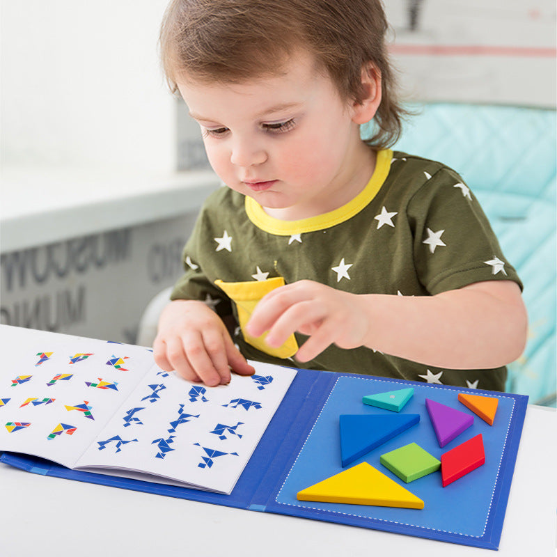 Portable Montessori Wooden Magnetic Tangram Puzzle Book Educational Toy