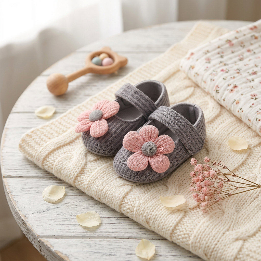 Summer baby shoes with soft soles in a floral design