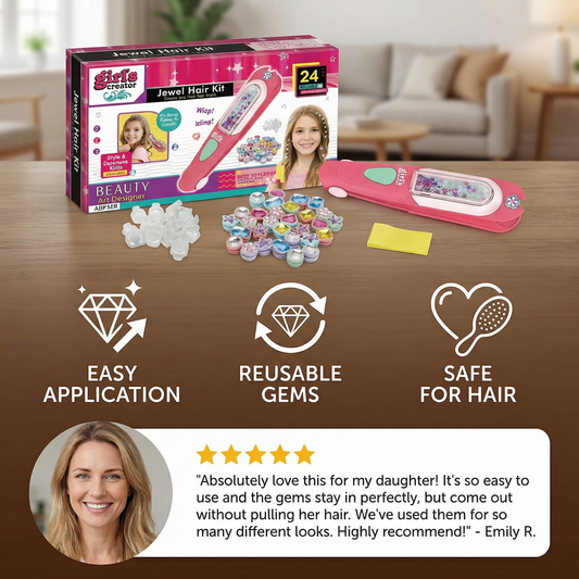 Kids Hair Gem Styling Kit – Hair Gem Stamper with Reusable Sparkling Gems