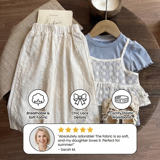 Baby Girl 3-Piece Summer Outfit – Lace Short Sleeve Top & Pants Set
