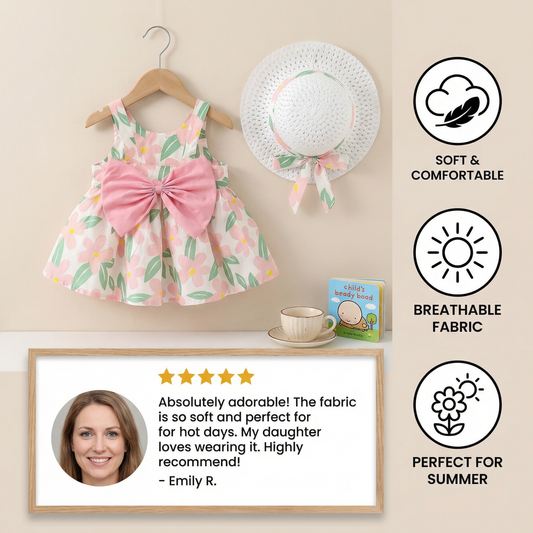 Summer Strap Dress Set for Babies & Toddlers – Sleeveless Bow Dress with Matching Hat