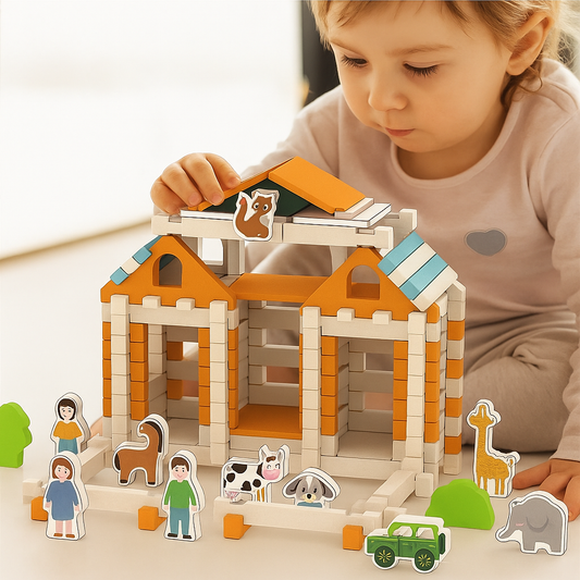Montessori wooden building block set – natural stacking and construction toy