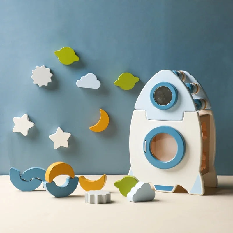 Handmade Montessori Wooden Rocket with Various Shapes and Colors