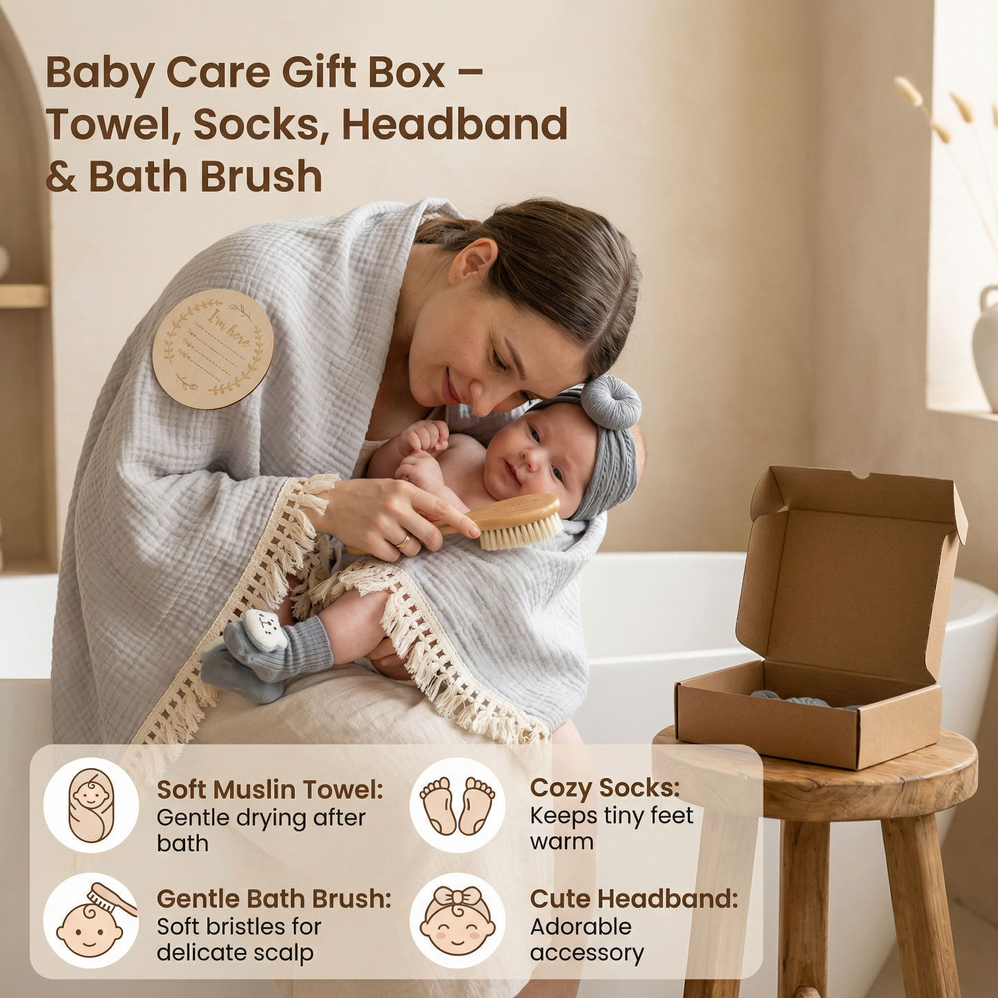 Baby Care Gift Box – Towel, Socks or Headband & Bath Brush for Newborns