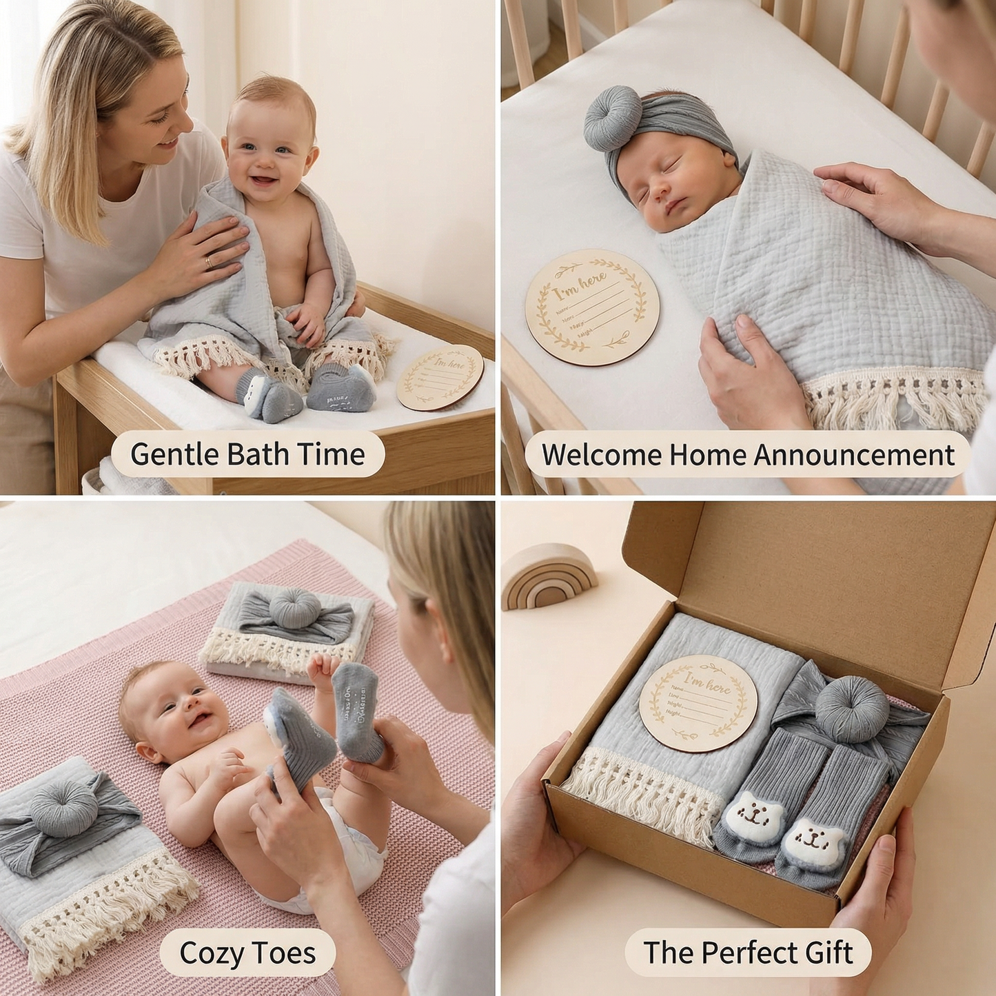 Baby Care Gift Box – Towel, Socks or Headband & Bath Brush for Newborns