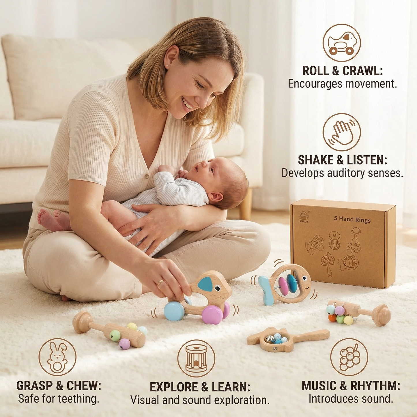 Wooden Baby Gift Set – Rattle & Musical Toy Set for Newborns