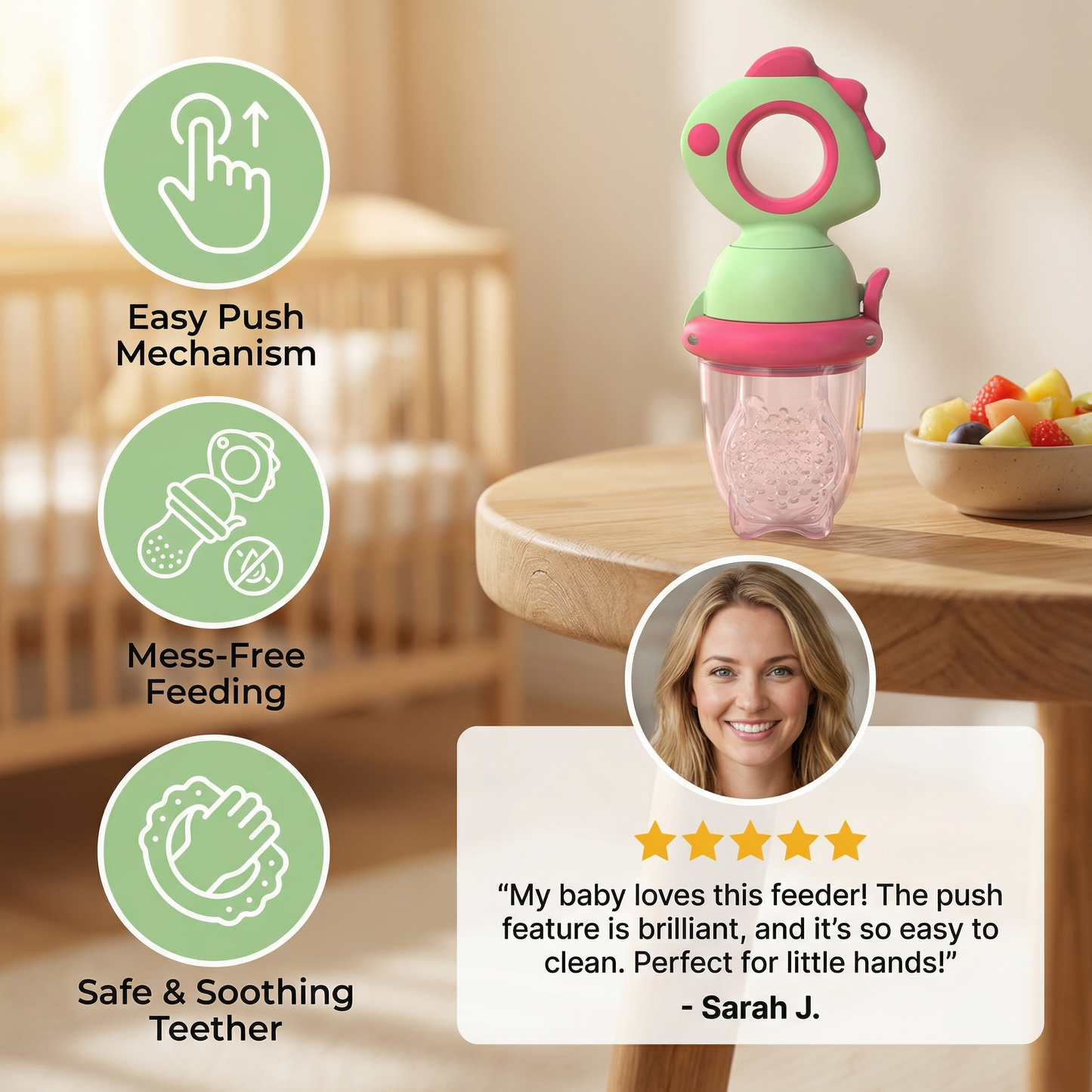 Silicone Baby Fruit Feeder & Teether with Push Mechanism