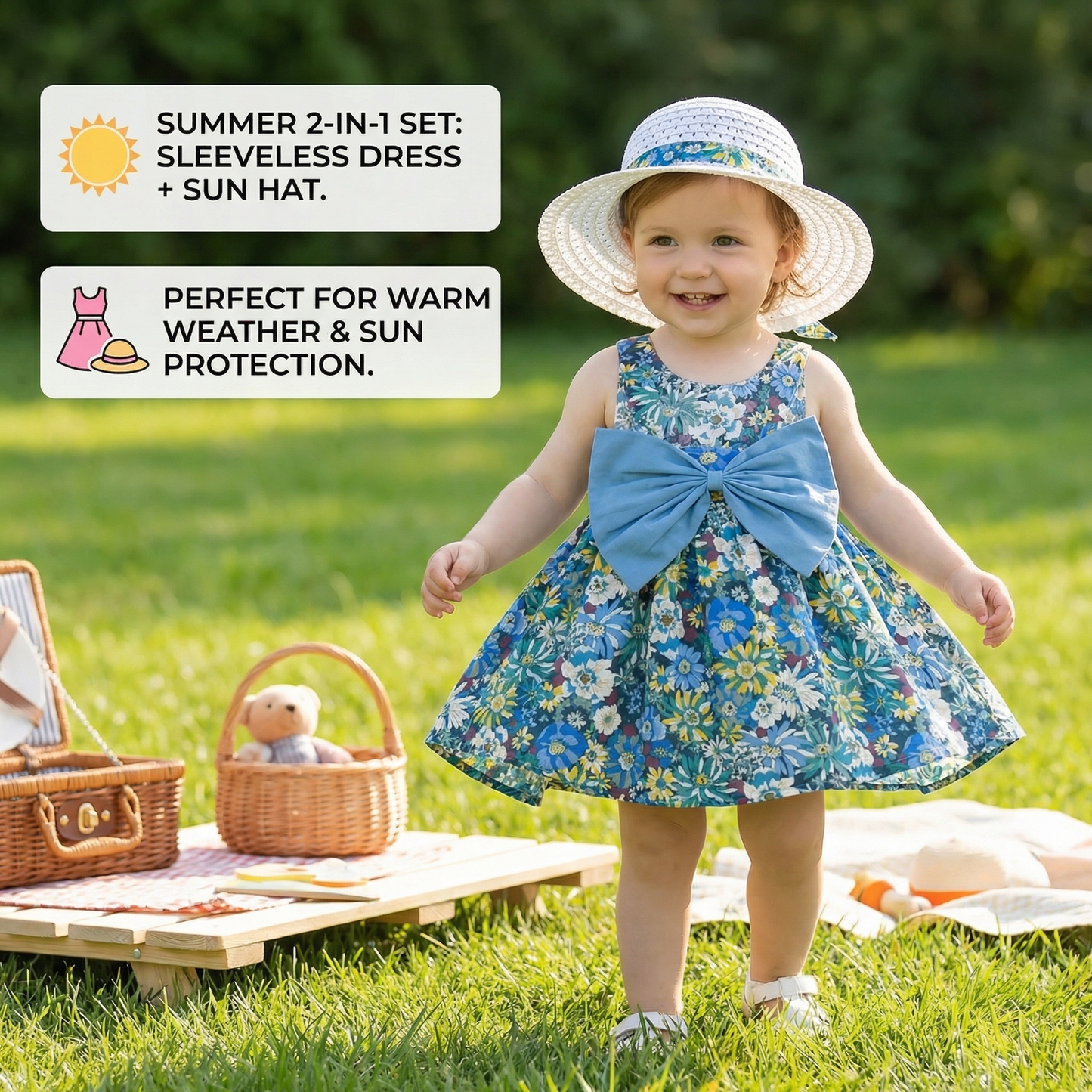 Summer 2-in-1 Girls Dress Set – Sleeveless Cotton Dress with Bow & Floral Sun Hat