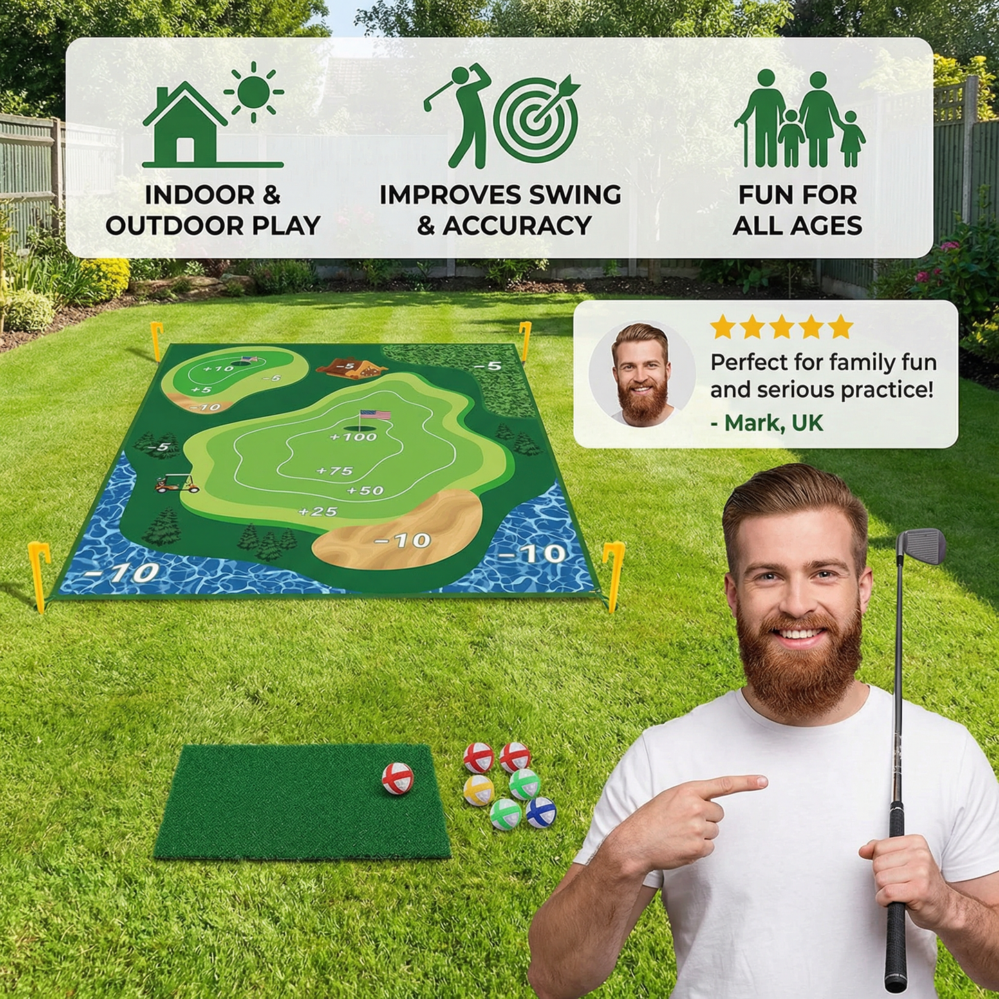 2in1 Golf Training & Play Set – Indoor & Outdoor Swing Mat with Target Wall & Club
