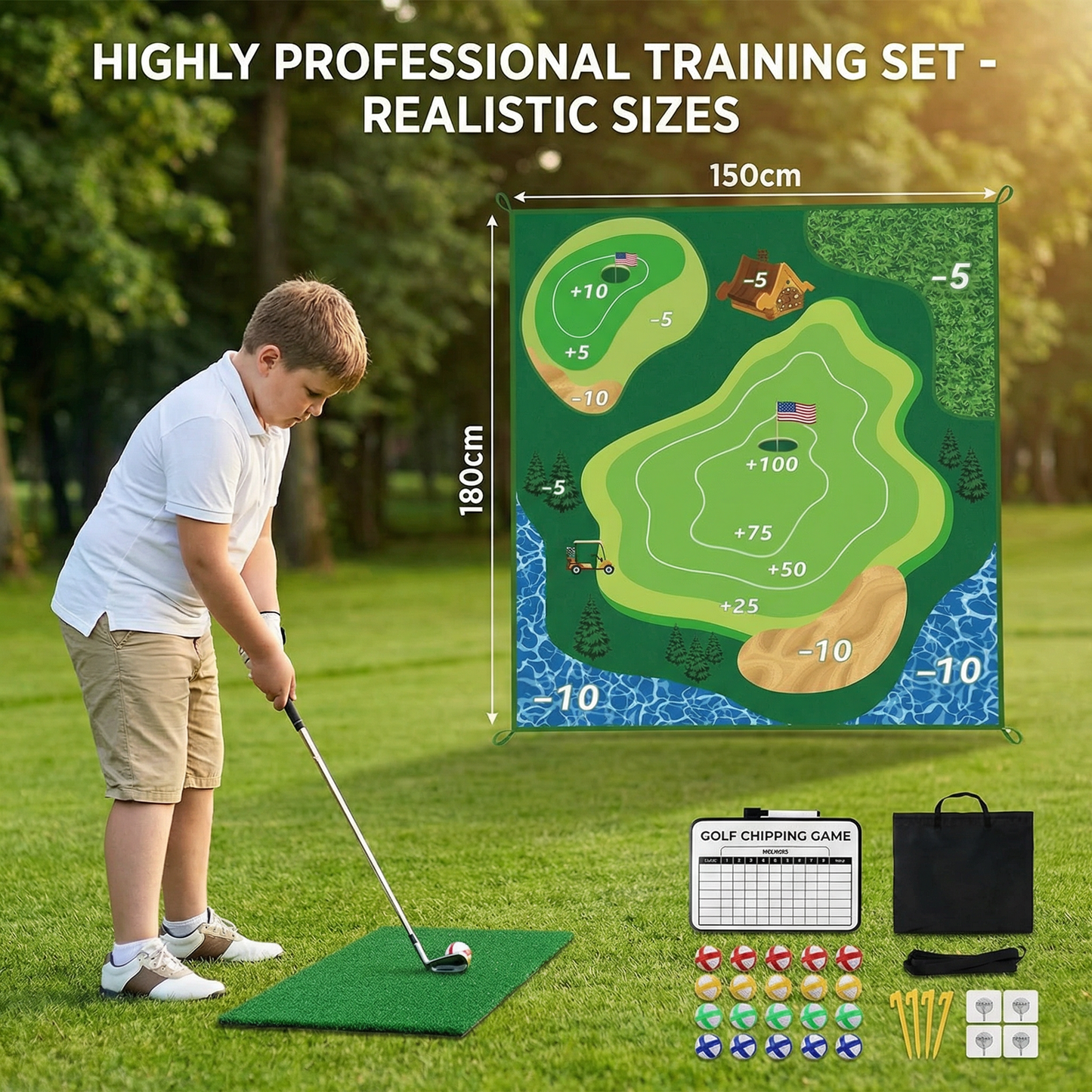 2in1 Golf Training & Play Set – Indoor & Outdoor Swing Mat with Target Wall & Club