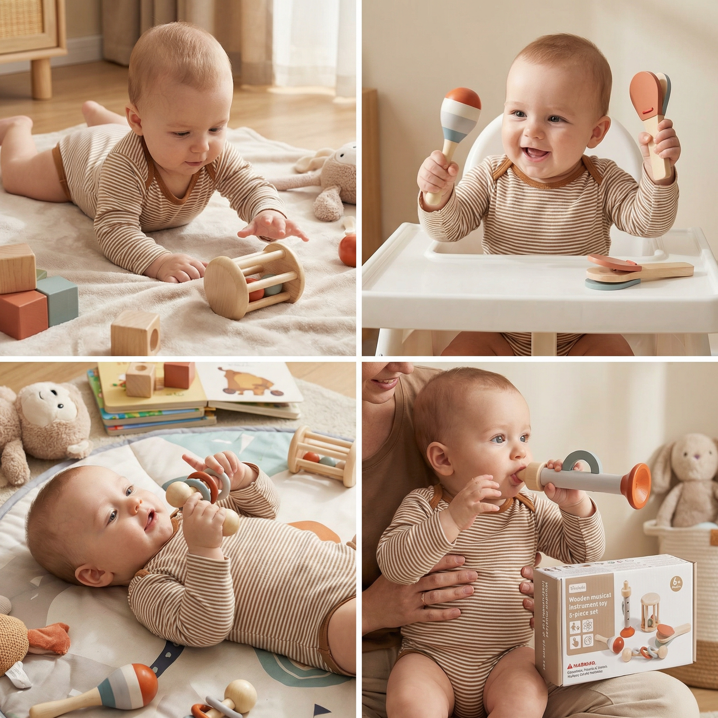Montessori Wooden Baby Music Set – 5-Piece Sensory Rattle Toy Collection