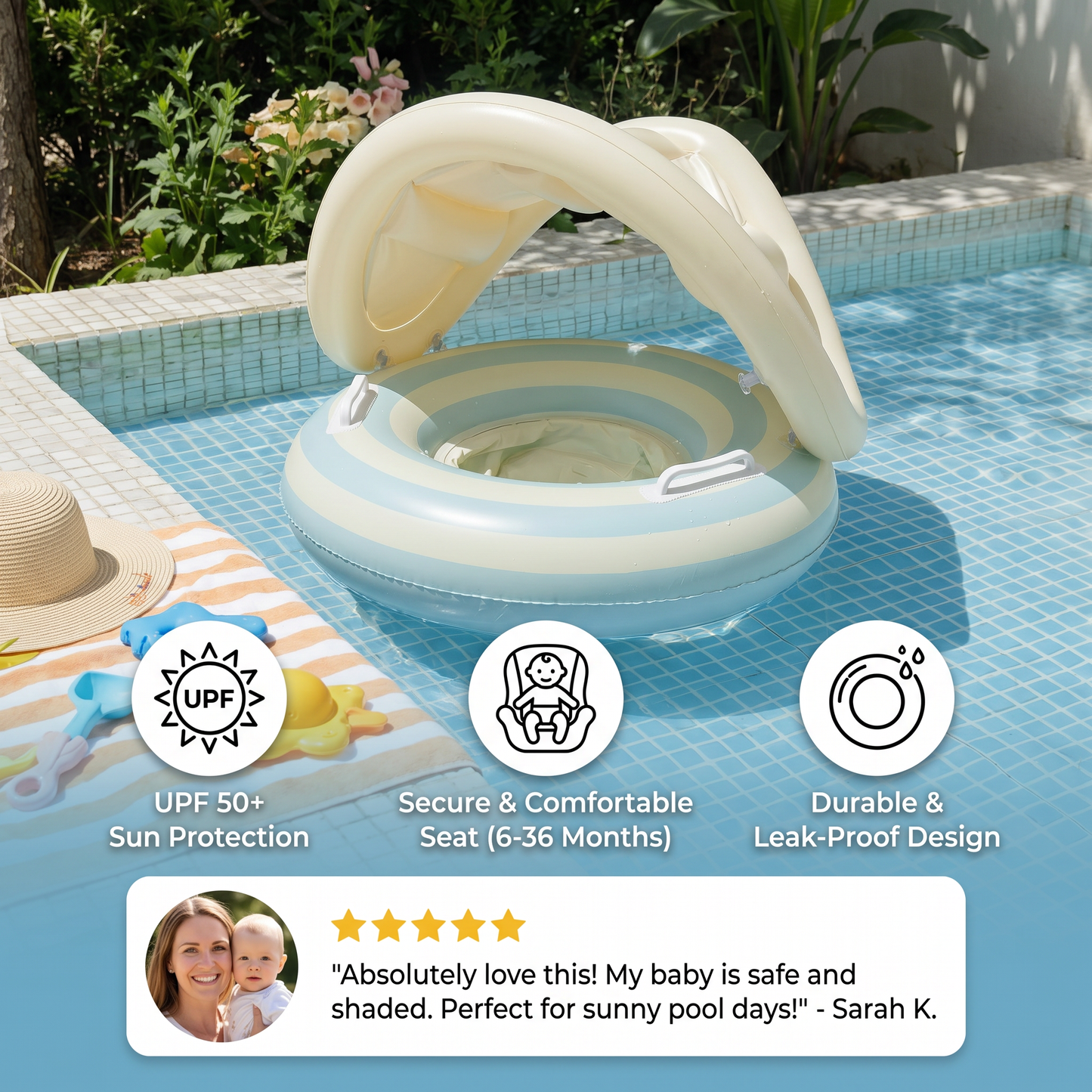Inflatable Retro Lollipop Baby Swim Ring with Removable Sun Canopy – Secure Seat for 6–36 Months