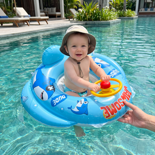 Inflatable baby swim ring with seat and steering wheel in a shark design