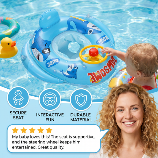 Inflatable baby swim ring with seat and steering wheel in a shark design