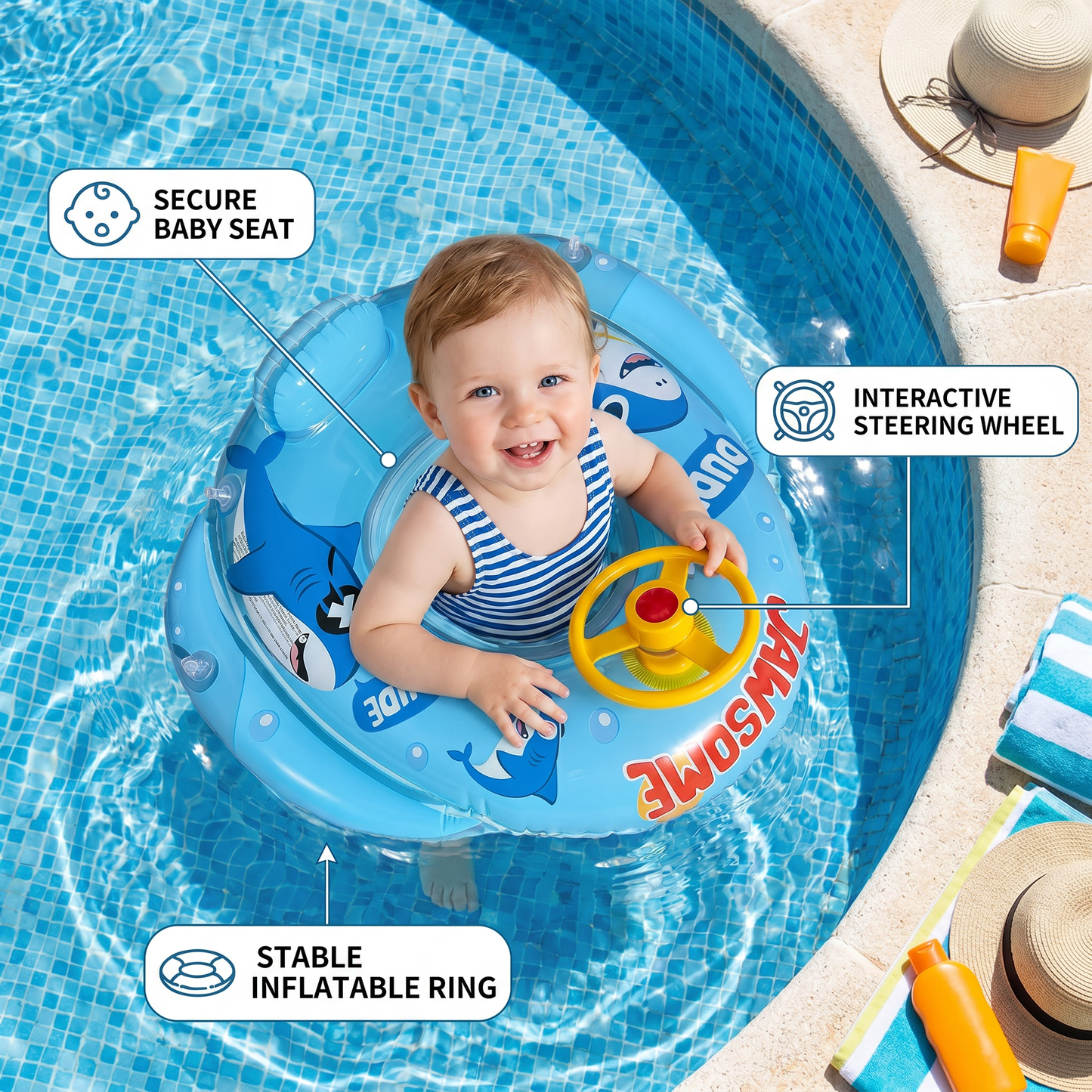 Inflatable baby swim ring with seat and steering wheel in a shark design