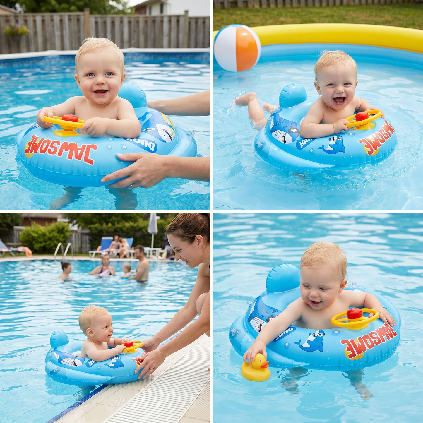Inflatable baby swim ring with seat and steering wheel in a shark design