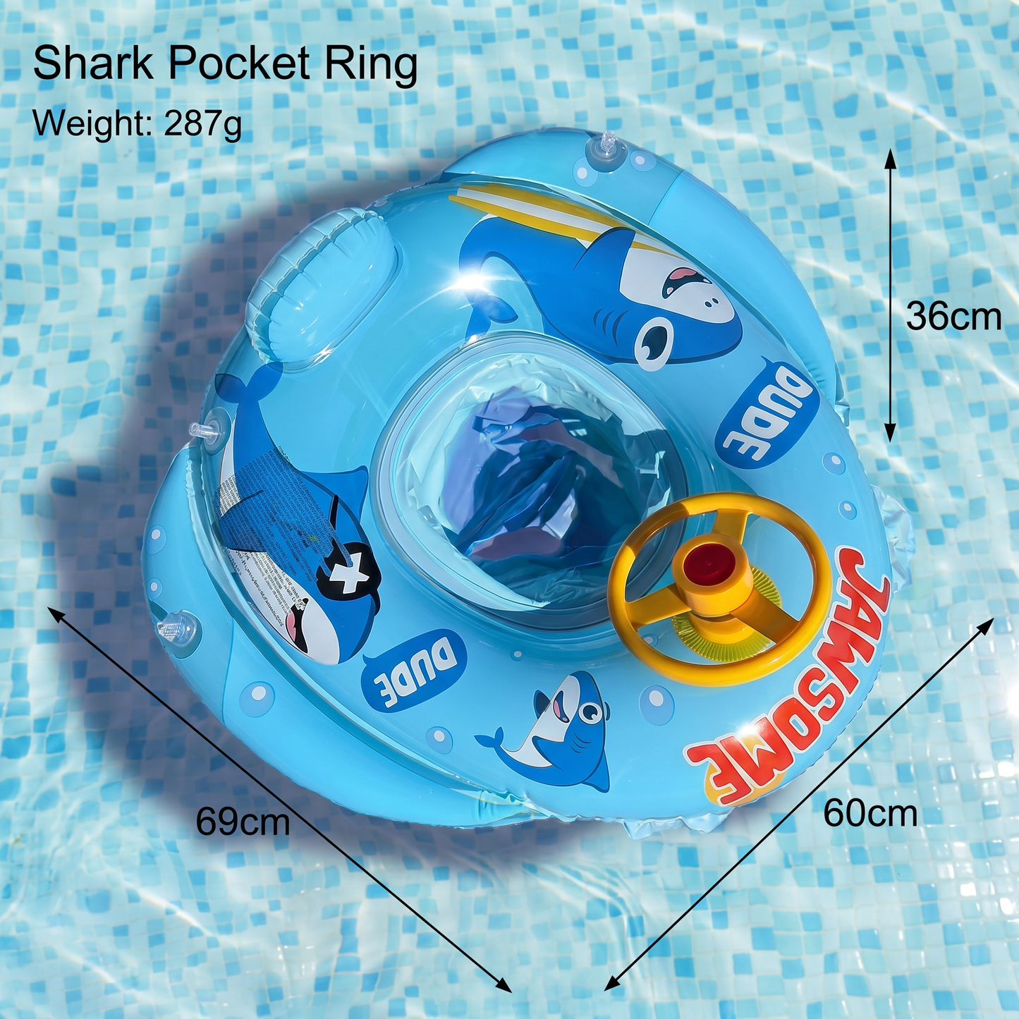 Inflatable baby swim ring with seat and steering wheel in a shark design