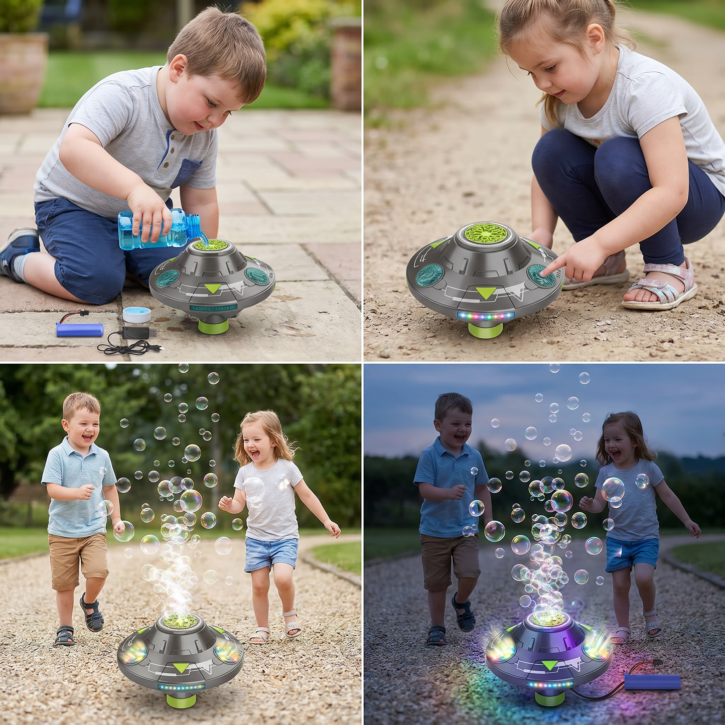 Light-Up UFO Bubble Machine for Kids – Rechargeable Spinning Bubble Blaster with LED Effects