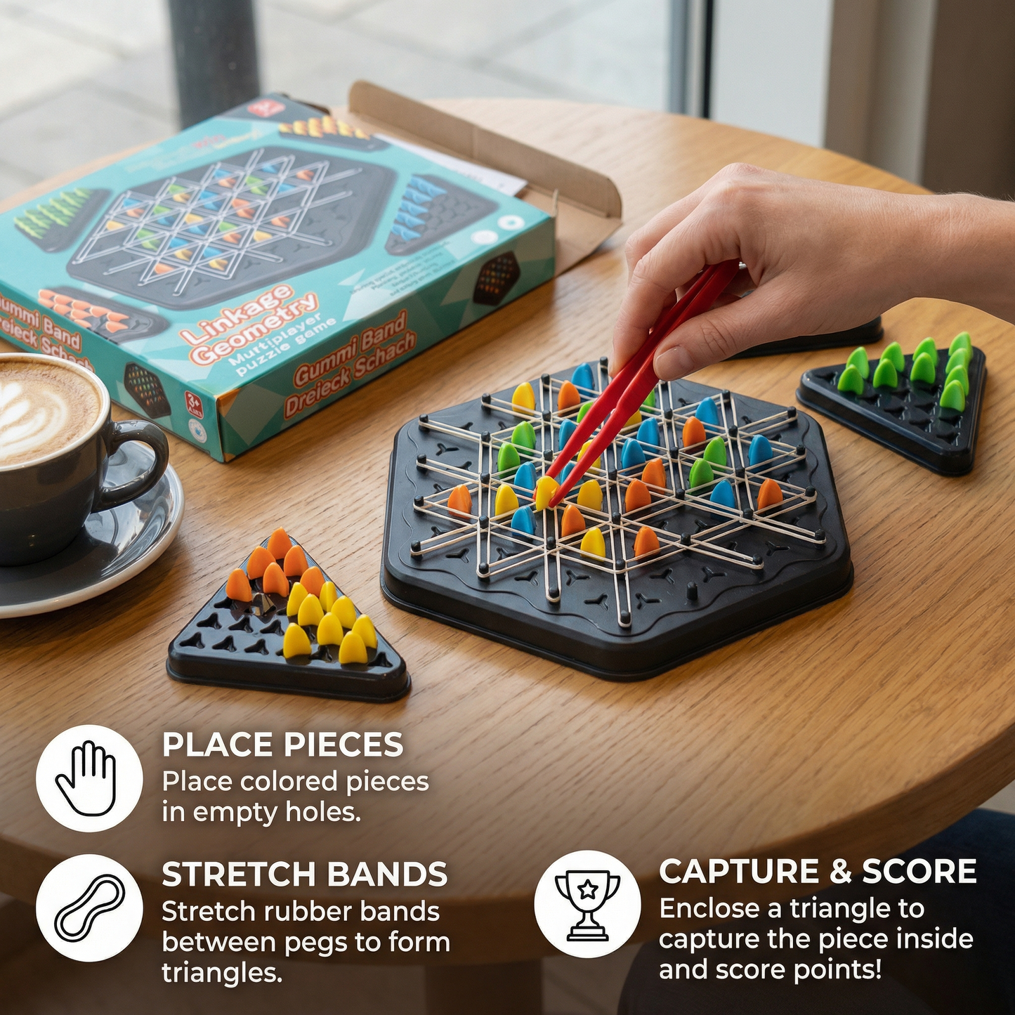 Rubber band triangle chess family game