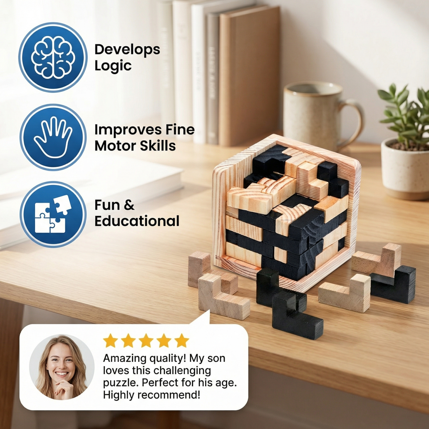 Handmade 3D Wooden Puzzle Cube – Logic & Learning Toy for Children