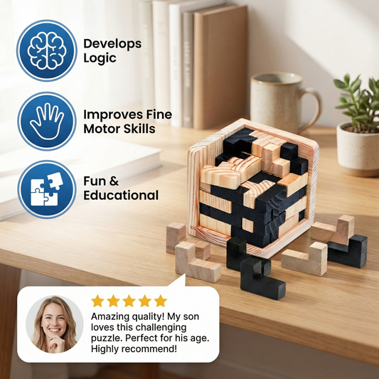 Handmade 3D Wooden Puzzle Cube – Logic & Learning Toy for Children
