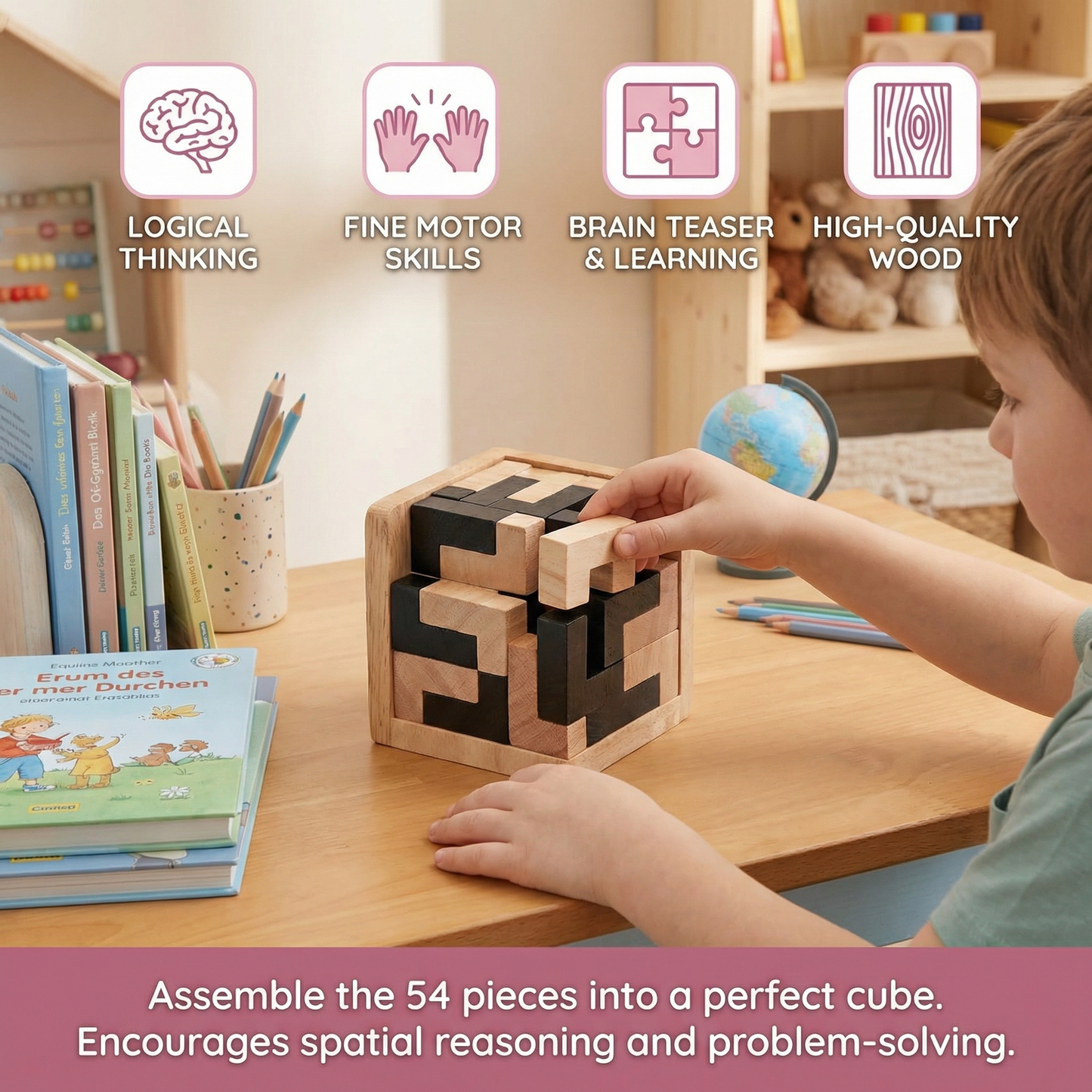 Handmade 3D Wooden Puzzle Cube – Logic & Learning Toy for Children