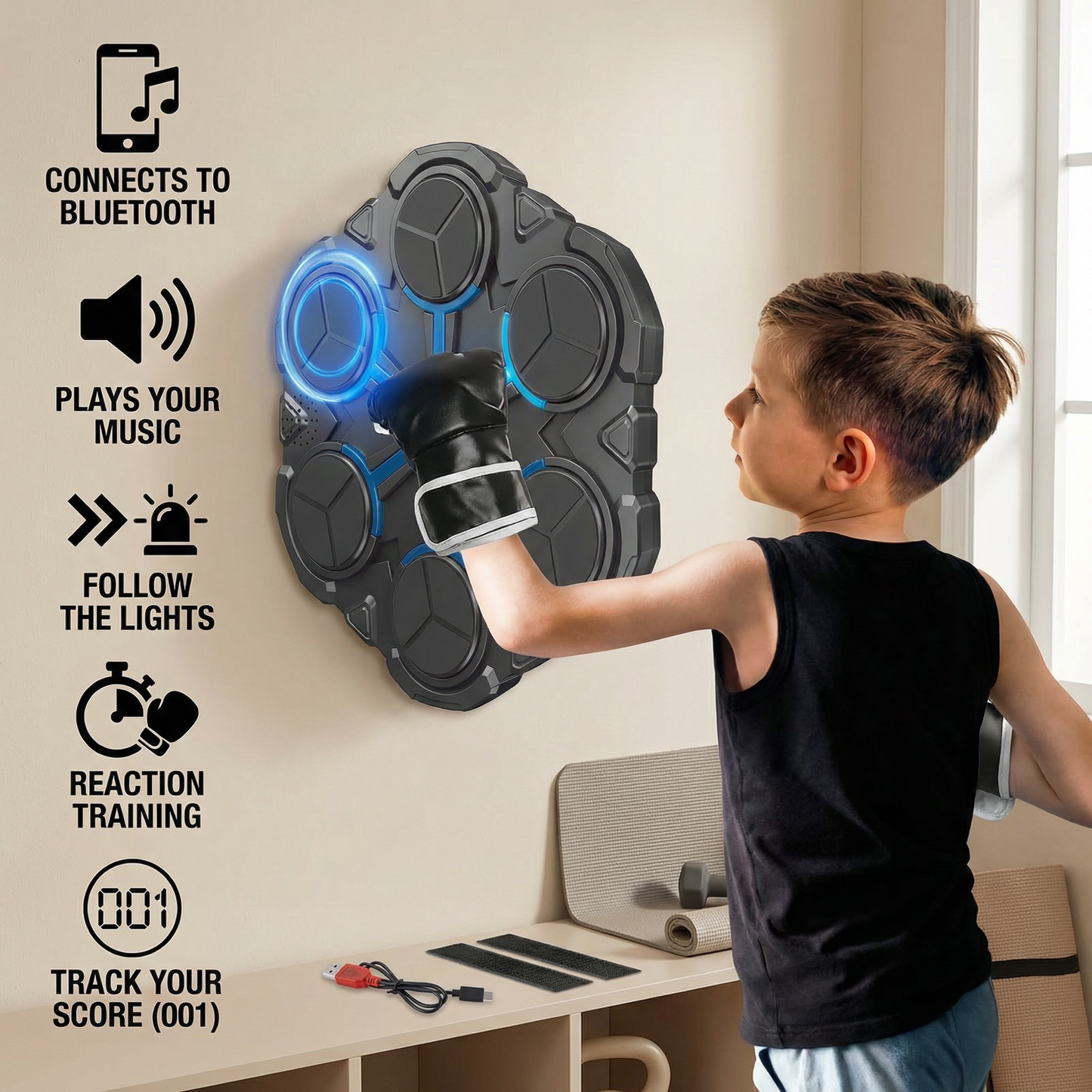 Bluetooth Music Boxing Trainer – Interactive Wall Punching Target with Lights & Sound