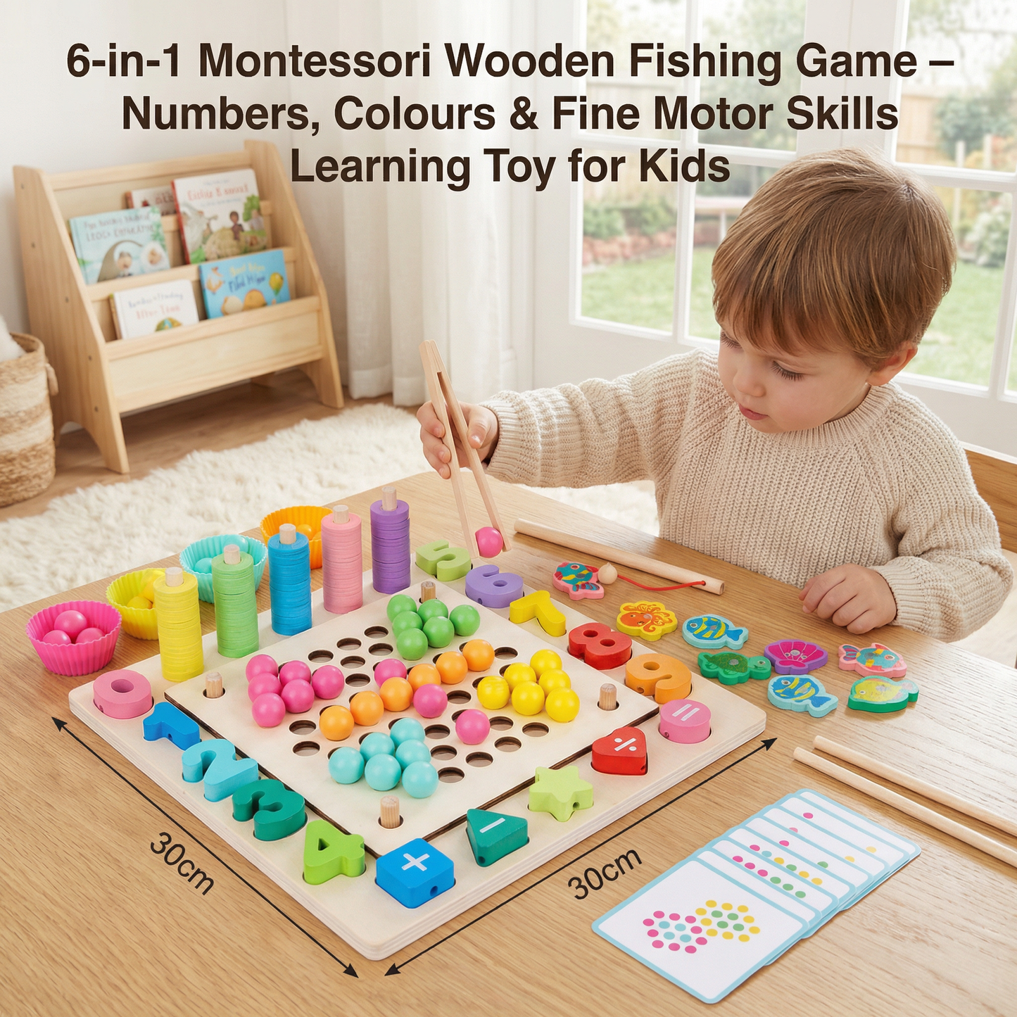 6-in-1 Montessori Wooden Fishing Game – Numbers, Colours & Fine Motor Skills Learning Toy for Kids