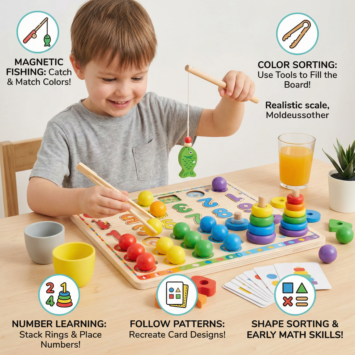 6-in-1 Montessori Wooden Fishing Game – Numbers, Colours & Fine Motor Skills Learning Toy for Kids