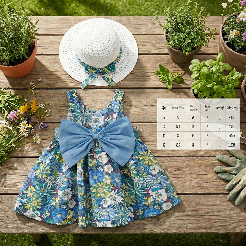 Summer 2-in-1 Girls Dress Set – Sleeveless Cotton Dress with Bow & Floral Sun Hat
