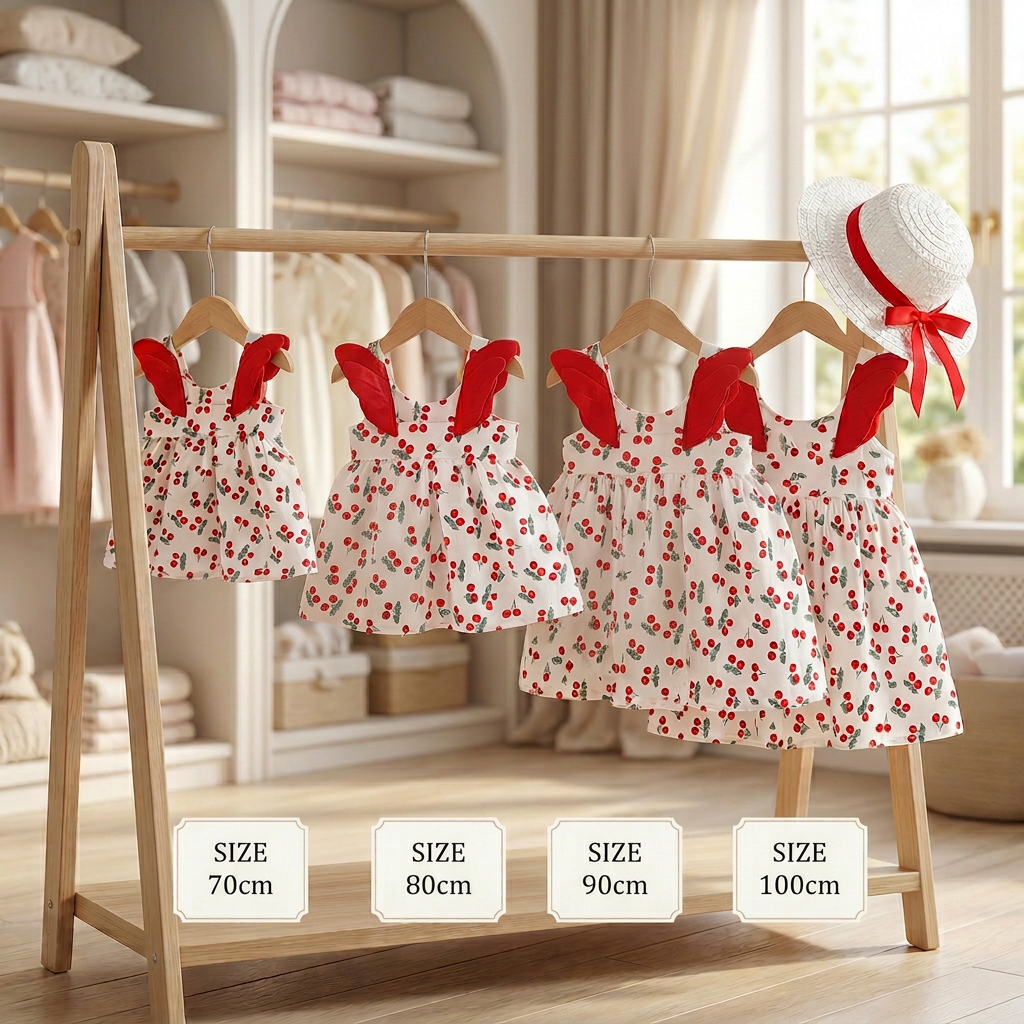 Summer 2-Piece Girls Dress Set – Cherry Print Korean Style Dress with Straw Hat