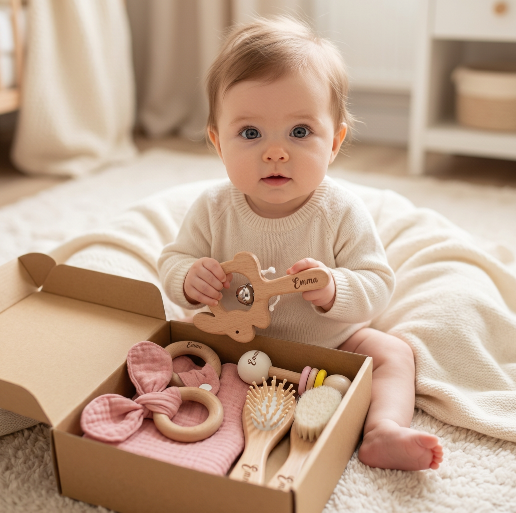 Personalized 6-Piece Baby Gift Set in Wood & Muslin – Teethers, Rattles, Hairbrush & Comfort Blanket with Name Engraving