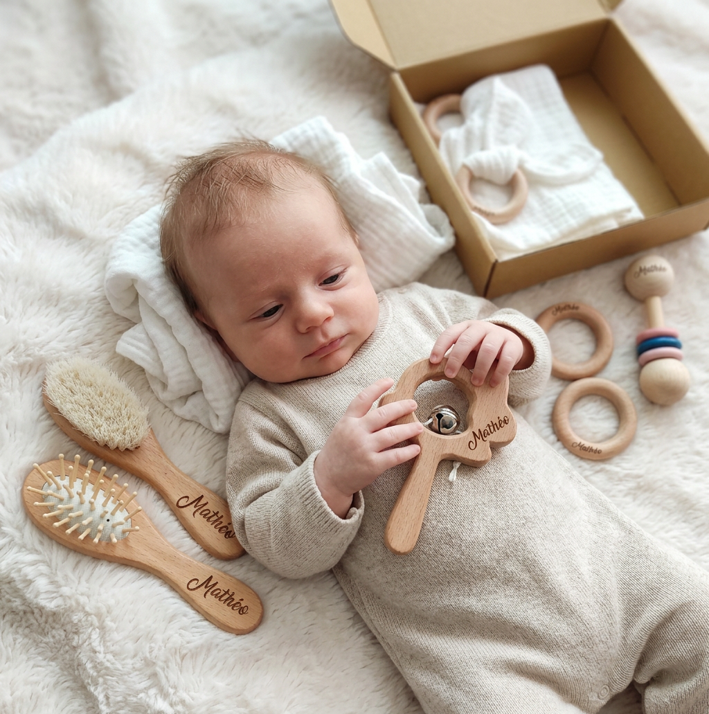 Personalized 6-Piece Baby Gift Set in Wood & Muslin – Teethers, Rattles, Hairbrush & Comfort Blanket with Name Engraving