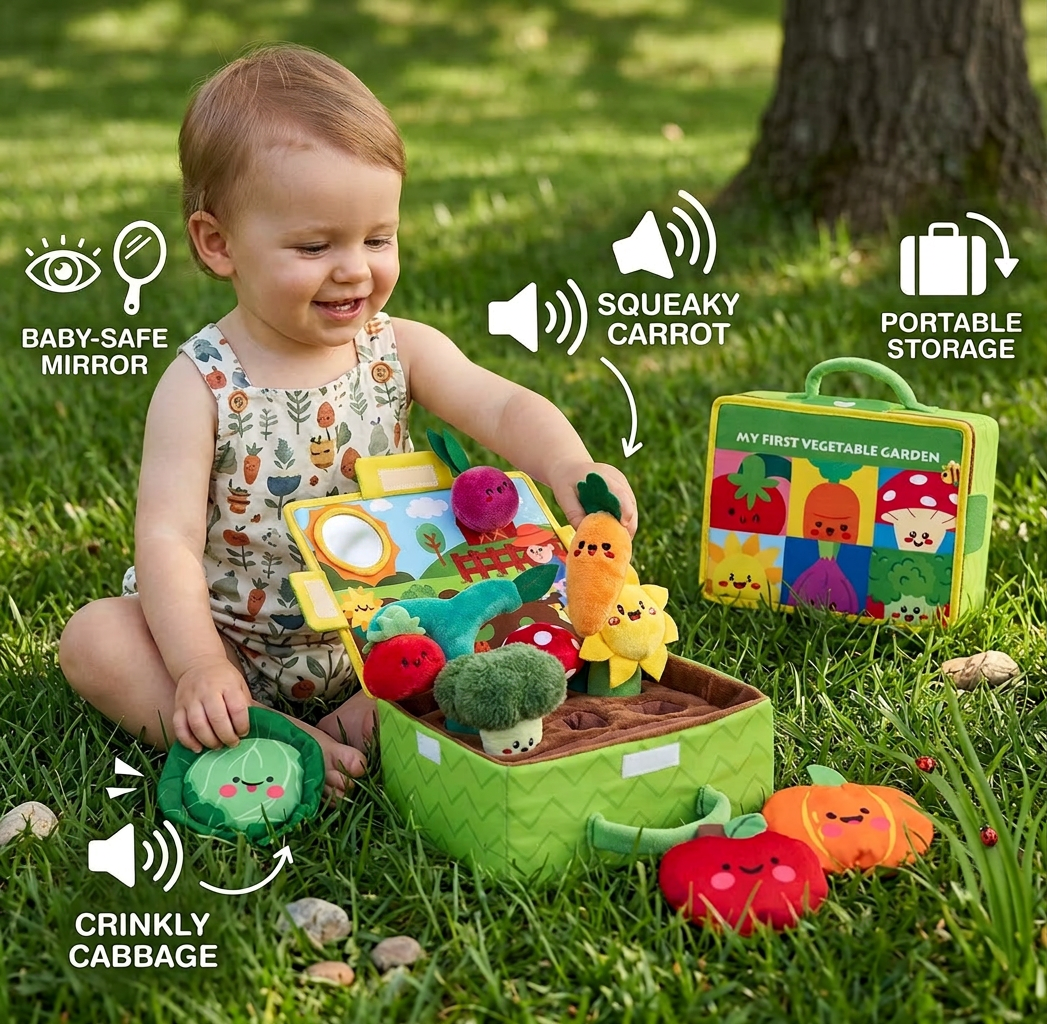 Montessori Garden Sensory Toy for Babies – Plush Fruit & Vegetable Set with Rattle, Mirror & Squeaker