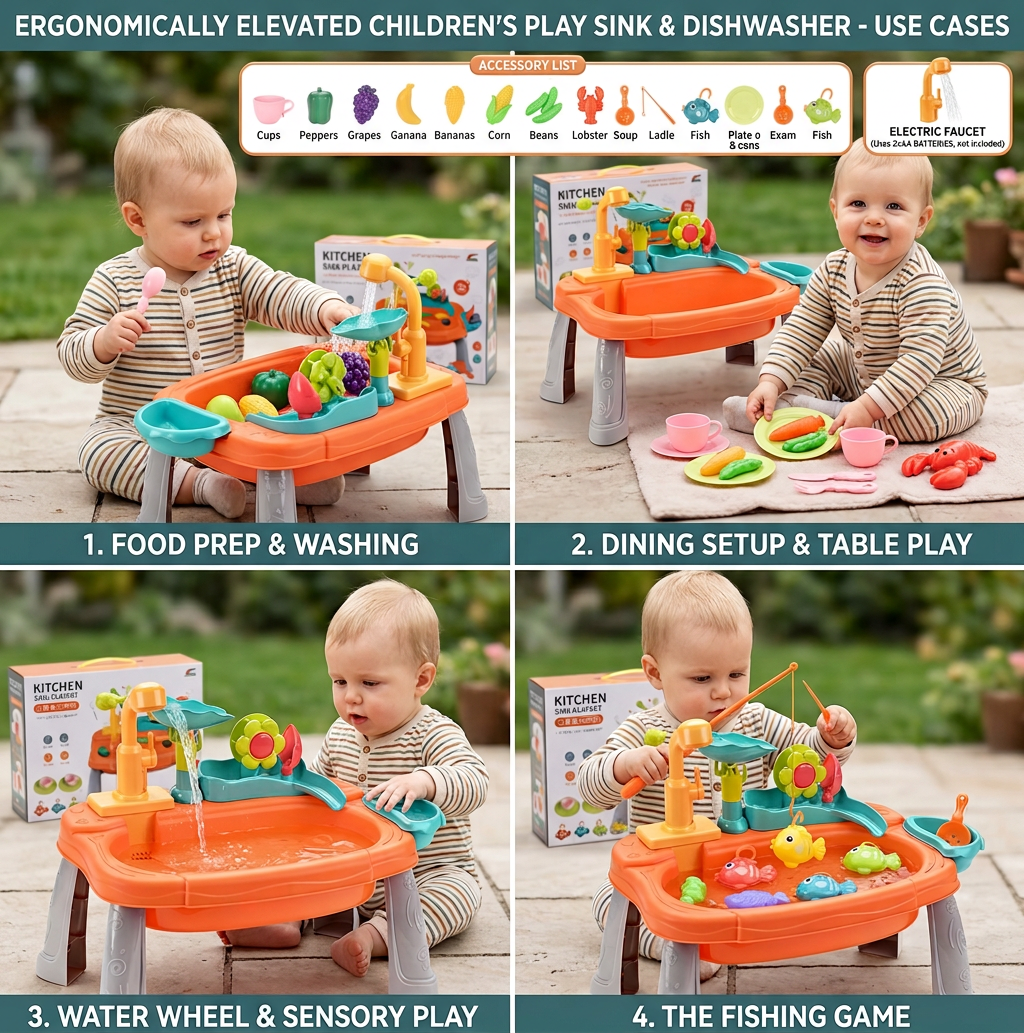 Ergonomic Elevated Kids Kitchen Sink Playset with Electric Running Water