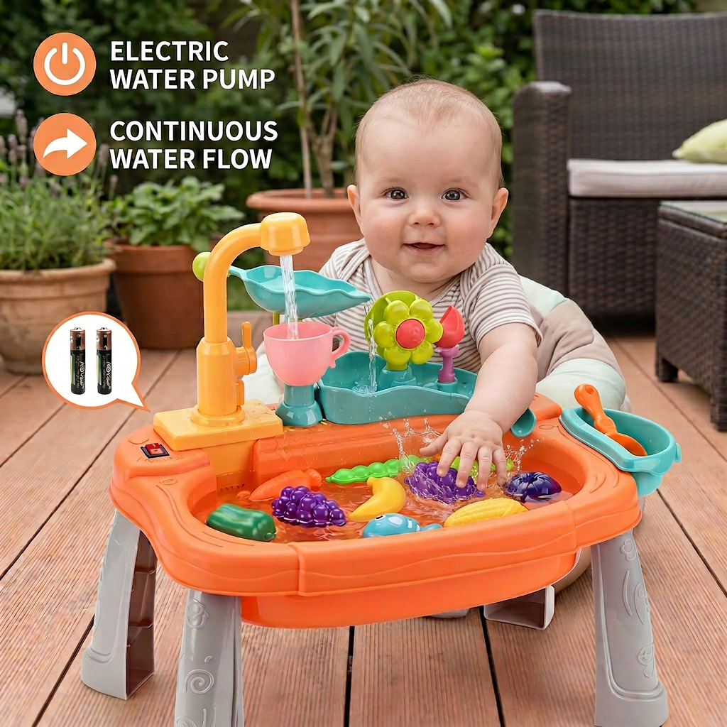 Ergonomic Elevated Kids Kitchen Sink Playset with Electric Running Water