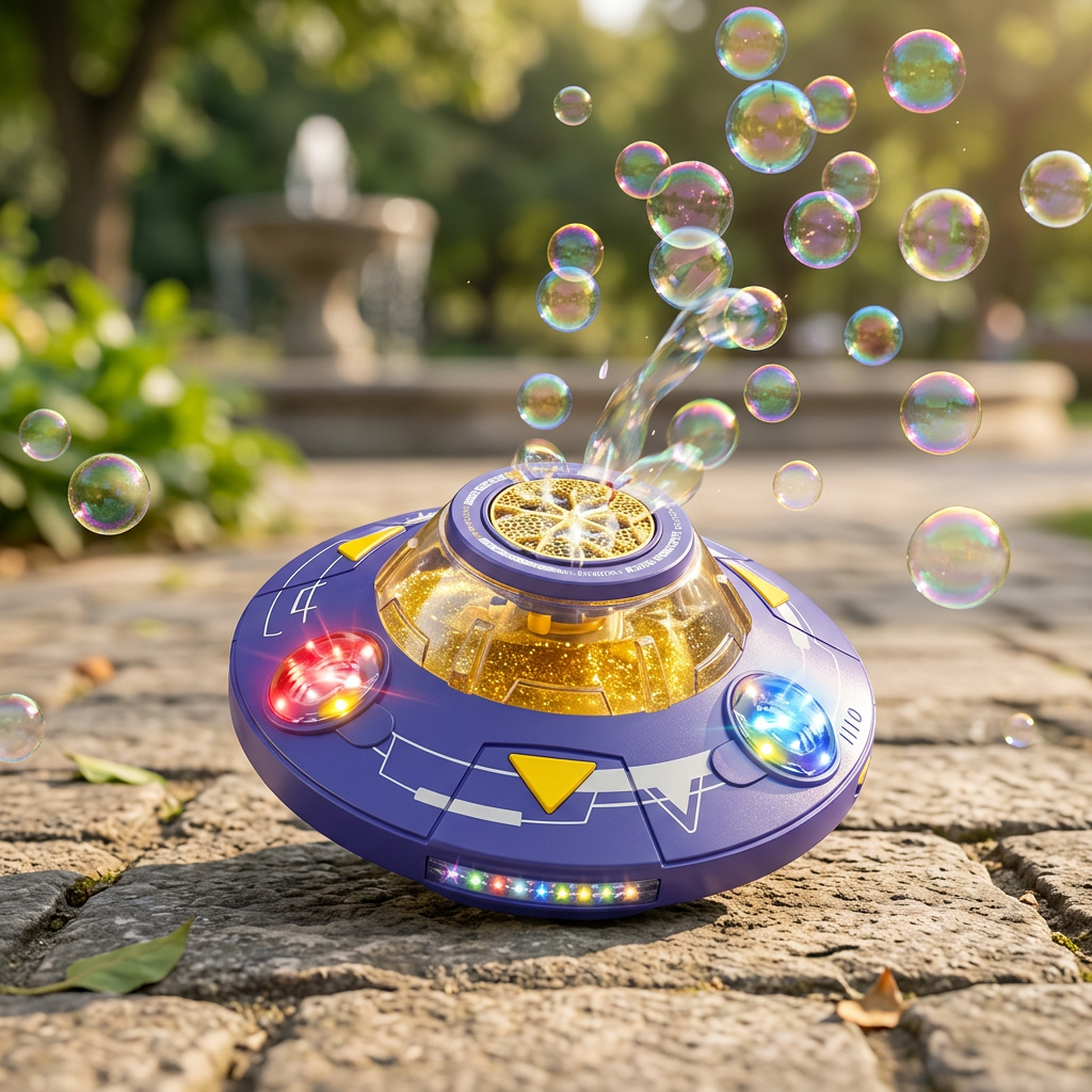 Light-Up UFO Bubble Machine for Kids – Rechargeable Spinning Bubble Blaster with LED Effects