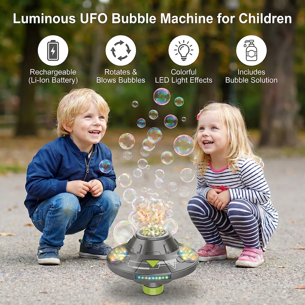 Light-Up UFO Bubble Machine for Kids – Rechargeable Spinning Bubble Blaster with LED Effects