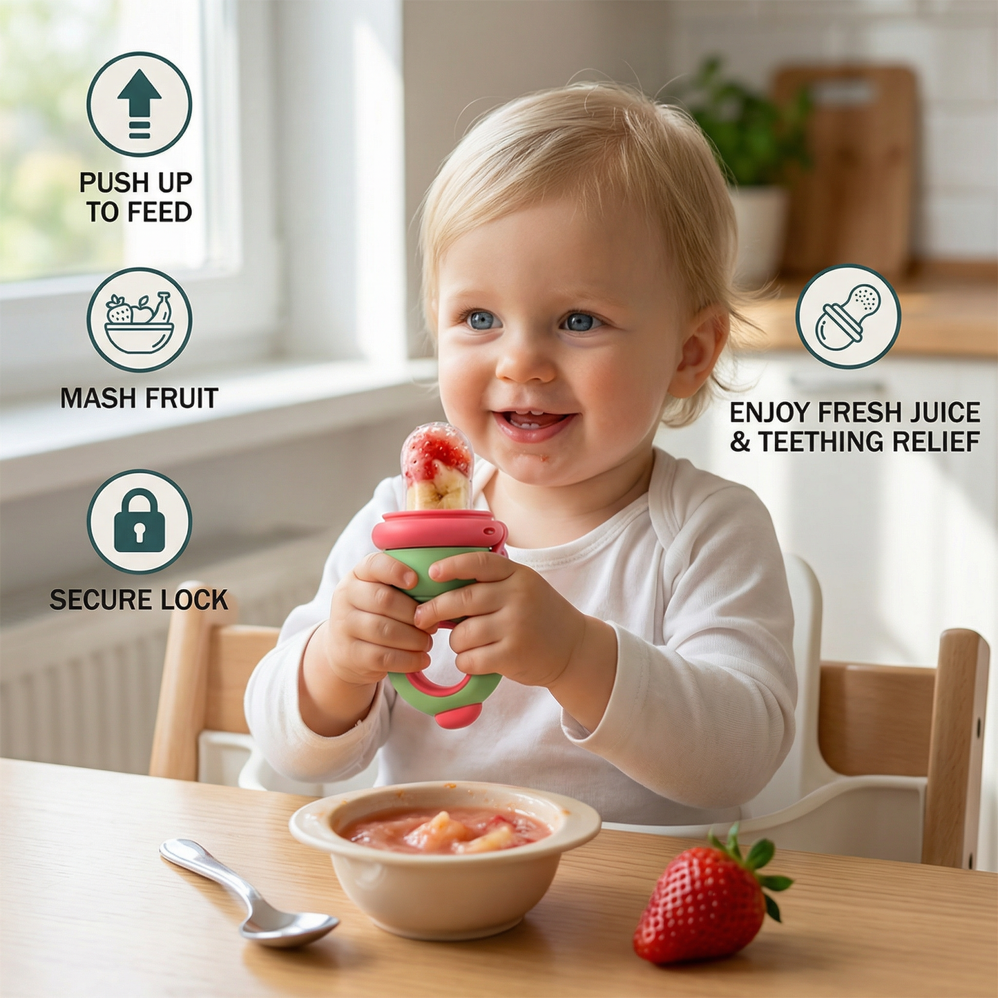 Silicone Baby Fruit Feeder & Teether with Push Mechanism