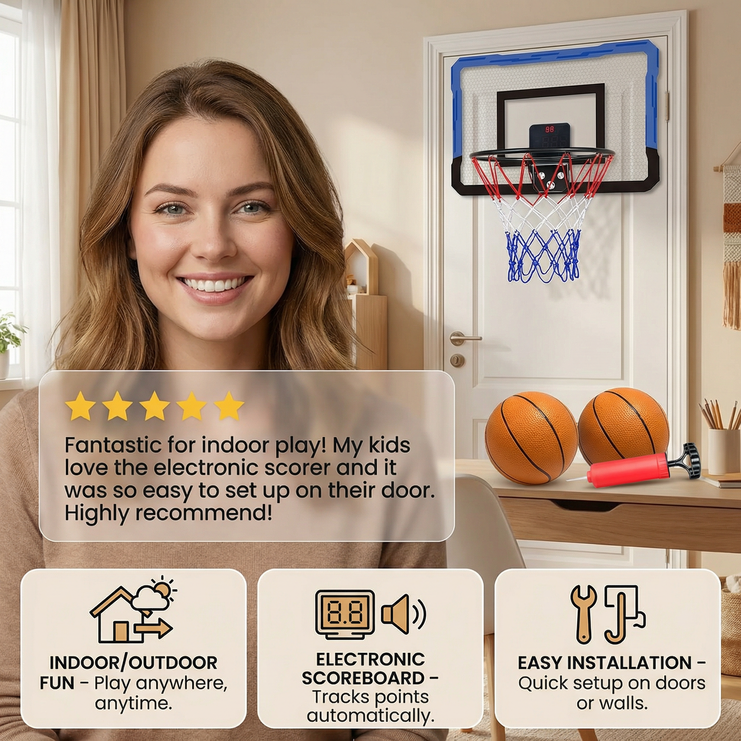 Mini Basketball Hoop for Kids – Wall & Door Mount Set