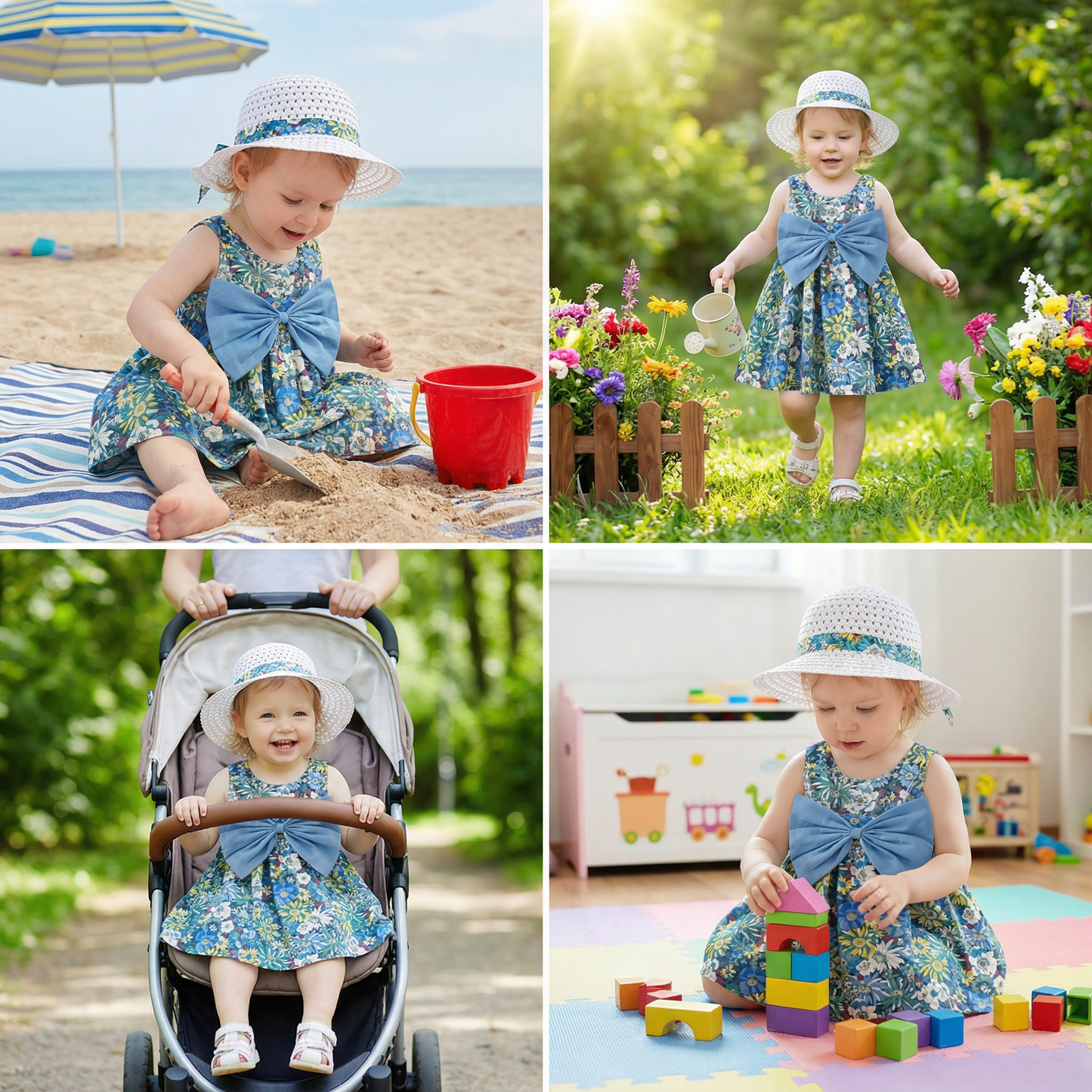 Summer 2-in-1 Girls Dress Set – Sleeveless Cotton Dress with Bow & Floral Sun Hat
