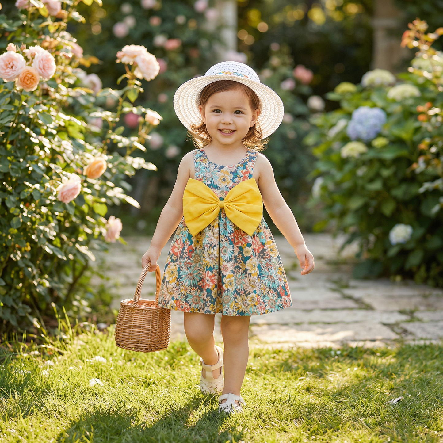 Summer 2-in-1 Girls Dress Set – Sleeveless Cotton Dress with Bow & Floral Sun Hat