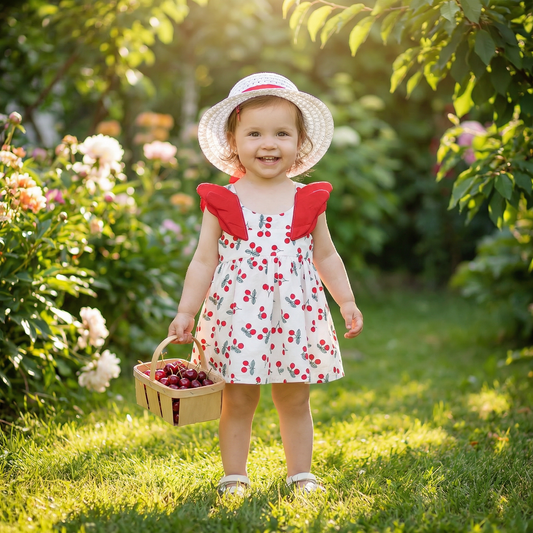 Summer 2-Piece Girls Dress Set – Cherry Print Korean Style Dress with Straw Hat