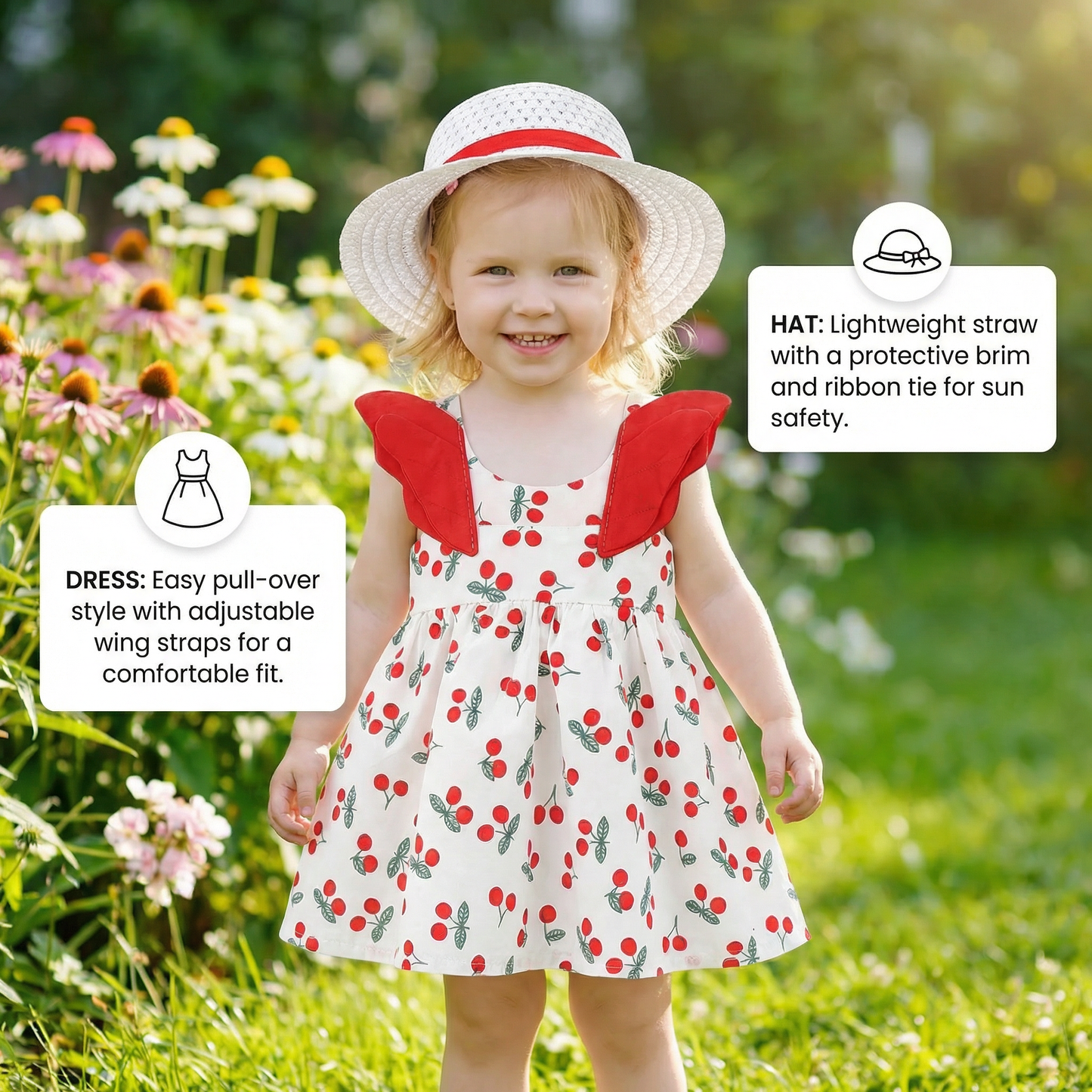 Summer 2-Piece Girls Dress Set – Cherry Print Korean Style Dress with Straw Hat